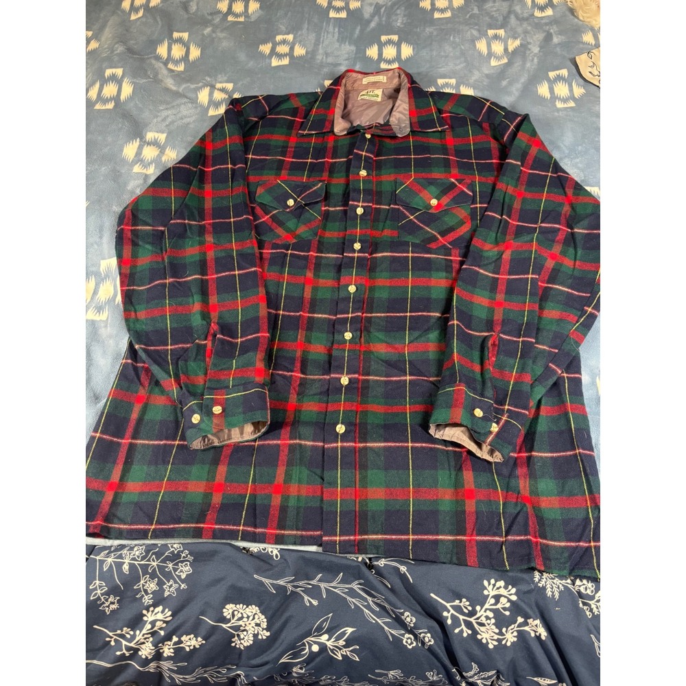 Vintage 417 Van Heusen Plaid Flannel Shirt Mens XL Tall Navy Green Red Acrylic